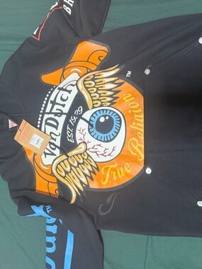 True Religion Black Button-Down Shirt with Orange Eye Graphic